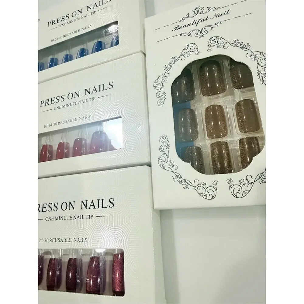 4 Pack Reusable Press-On Nails Set w/ Glue Multicolor Shimmer Manicure